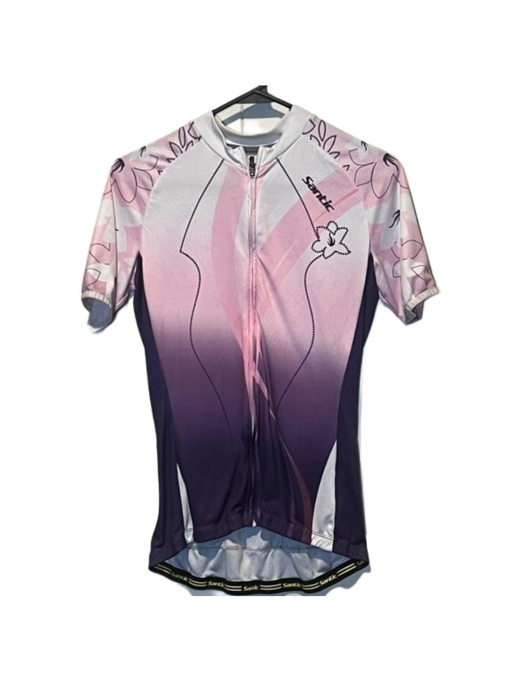SANTIC bicycling shirt. Women’s size small. Purple, pink and white